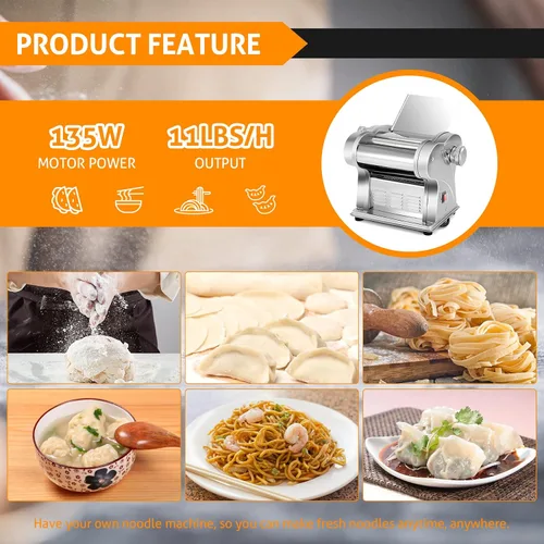 Miniatura 6 de Máquina eléctrica para hacer pasta WICHEMI, rodillo de pasta y espaguetis, prensa de fideos de acero inoxidable de 135W para uso doméstico familiar