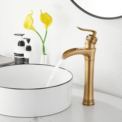 Miniatura 8 de Grifo de baño de cascada de latón antiguo GGStudy con una sola manija de un agujero, grifo de lavabo de baño a juego con drenaje desplegable