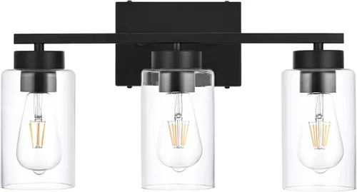 Lámpara de tocador de baño de 3 luces, modernas luces de pared negras con pantallas de vidrio transparente, lámpara de pared de baño para espejo,