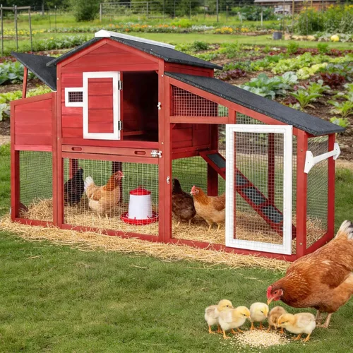 Miniatura 10 de PetsCosset Chicken Coop Backyard Chicken House - Tractor de madera para aves de corral para exteriores, con caja nido de pollo, ruedas, techo