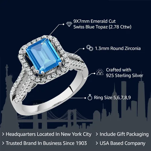 Miniatura 2 de Gem Stone King Anillo de compromiso de plata de ley 925 con topacio azul suizo para mujer