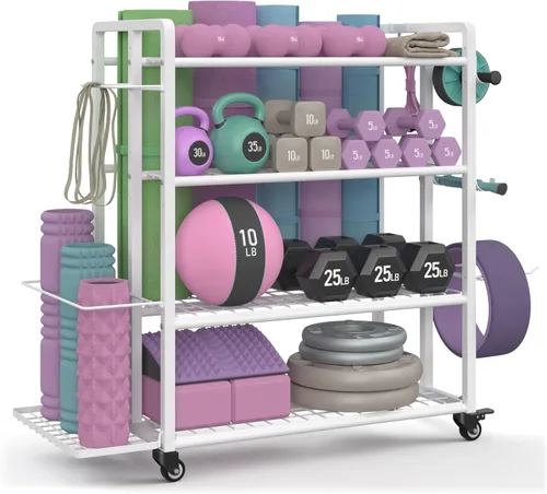Miniatura 10 de 4-Tier Dumbbell Rack Stand Only, Adjustable Weight Rack for Dumbbells Kettlebells Yoga Mat, Home Gym Storage Rack with Wheels and Hooks, Powder