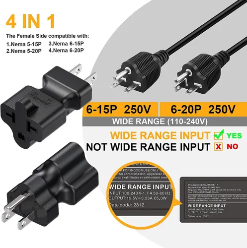 Miniatura 4 de [4 en 1] Enchufe de CA doméstico de 15 amperios a adaptador de hoja T de 20 amperios, 5-15P a 5-15R/5-20R /6-15R / 6-20R, adaptador de corriente