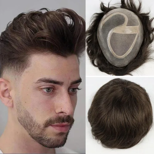 Miniatura 9 de HAPPY&CC Pelucas de cabello humano para hombre, pelucas de encaje mono con poliéster transparente alrededor de la pieza de cabello para hombres, #18