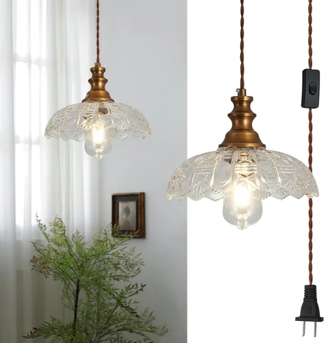 Miniatura 11 de Lámpara Colgante de 1 Luz con Pantalla de Vidrio de Metal Bronce Frotado con Aceite y Cable Ajustable, Lámpara Colgante de Techo Industrial