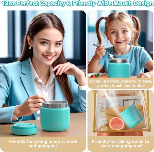 Miniatura 4 de JSCARES Tarros aislados de alimentos para niños de 12 onzas para comida caliente, boca ancha, termo de comida térmica, contenedor térmico de Azul