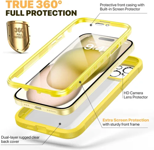 Miniatura 257 de Diaclara Funda diseñada para iPhone 16, mejorada [protección completa de la cámara], carcasa resistente de cuerpo completo con protector de pantalla