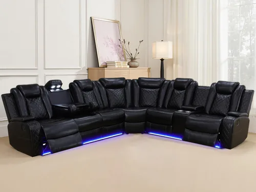 Miniatura 3 de Juegos de muebles de sala de Toseslo, juego de sofá reclinable eléctrico, seccional de 2 reclinables de cuero negro con luz LED, juegos modernos