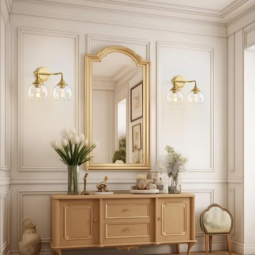 Miniatura 5 de Lámpara de Tocador de Baño Dorada con Pantalla de Vidrio Transparente, Base E26, Luminarias de Baño de 2 Luces Sobre Espejo, Luces de Tocador de 14