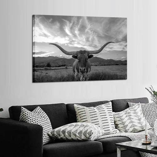 Miniatura 3 de KREATIVE ARTS Lienzo de animales de Texas en blanco y negro, arte de pared, ganado de las tierras altas con cuernos largos, imagen de cuerno largo