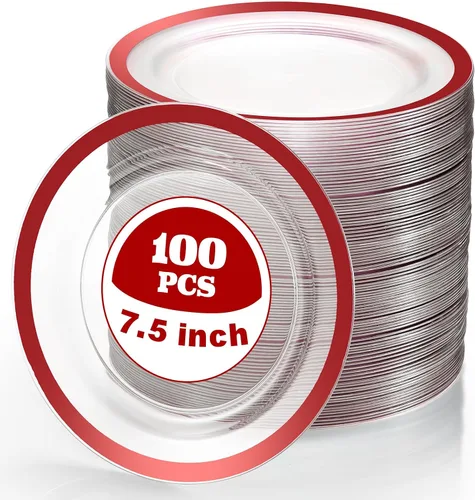 Miniatura 7 de Tanlade 100 platos de plástico negro transparente a granel de 7.5 pulgadas desechables de alta resistencia con borde rojo redondo ensalada postre
