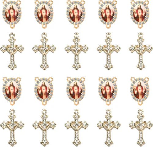 Miniatura 8 de Juego de 20 piezas de conectores de medalla de santos católicos con diamantes de imitación y dijes de cruz de cristal para suministros religiosos