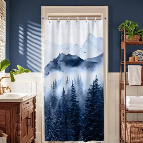 Miniatura 22 de Cortina de ducha pequeña en blanco y negro, juego de cortina de ducha de bosque brumoso para baño, impermeable, decoración de baño de montaña