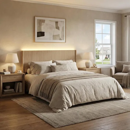 Miniatura 4 de Cabecera tamaño Queen solamente, moderna cabecera acanalada montada en la pared con iluminación, cabecera de cama de madera bohemia elegante Natural