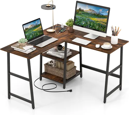 Giantex Escritorio en forma de L con tomas de corriente y puertos USB, escritorio esquinero para juegos de 48 pulgadas con estantes de