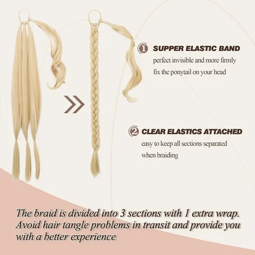 Miniatura 2 de Barsdar Extensión de 26 Pulgadas de Cola de Caballo Trenzada Larga con Banda Elástica - Extensiones de Cabello en Cola de Caballo Recta y Elegante