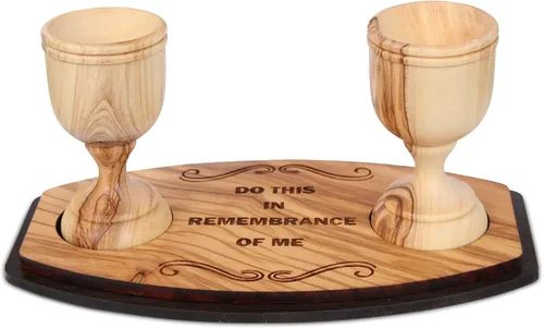 Miniatura 14 de Copa de Comunión de Madera de Olivo Tallada a Mano de 4.5 Pulgadas con Bandeja para Pan – Pequeña Copa Kiddush para Eucaristía, Santa Comunión
