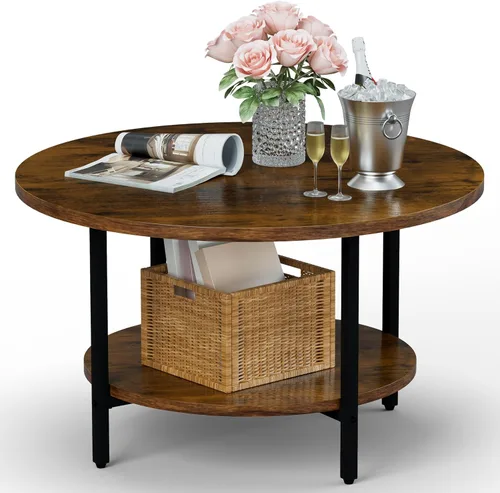 Miniatura 12 de Mesa de Café FAMIDGE, Mesas de Café de 23.6" para Sala de Estar, Mesa de Café Redonda con Marco de Metal, Mesa de Piso para Sentarse en el Suelo