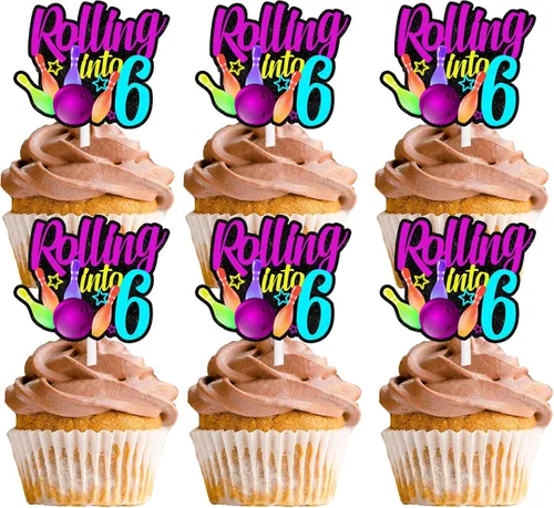 18 piezas de bola de boliche con purpurina, decoración de postre, magdalenas, boliches, 6 temas, suministros de decoración para niños y niñas,