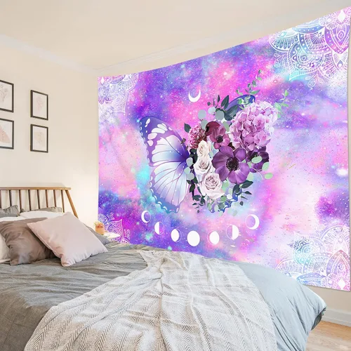 Miniatura 10 de HVEST Tapiz retro rojo de hongos para colgar en la pared, diseño floral rosa con fresa y mariposa en beige, tapiz para dormitorio, flores, plantas