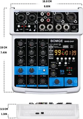 Miniatura 9 de BOMGE Consola Mezcladora de Audio Profesional de 4 Canales, Consola de Mezcla de Sonido con USB, Bluetooth, Grabación Estéreo, Alimentación Fantasma