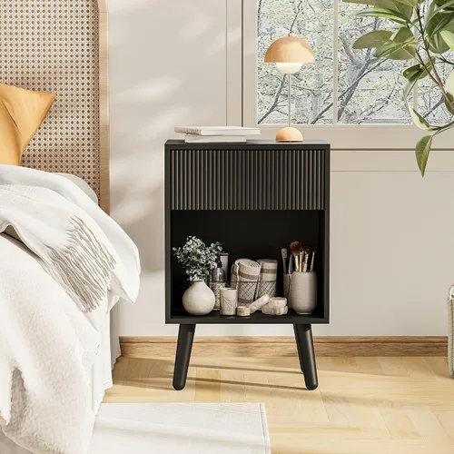 Miniatura 7 de Mesita de noche, mesa auxiliar moderna con cajones de almacenamiento y estante de madera abierto, mesita de noche con patas de madera maciza, mesas