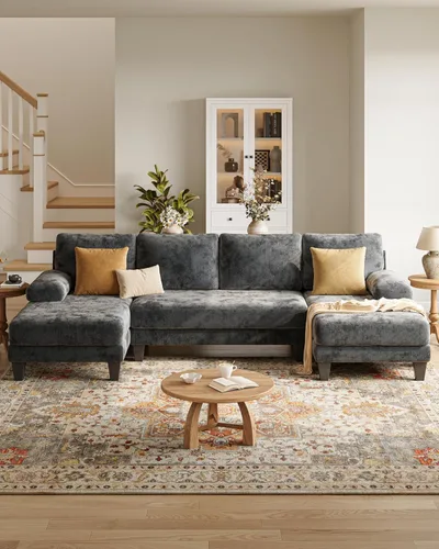 Miniatura 7 de Sofás seccionales en forma de U para sala de estar, sofá modular moderno de 112 pulgadas, sofá de felpilla gris oscuro con diván doble