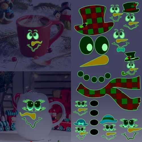 Miniatura 3 de Calcomanías de cara de muñeco de nieve para manualidades, calcomanías de Navidad que brillan en la oscuridad, decoraciones de muñeco de nieve