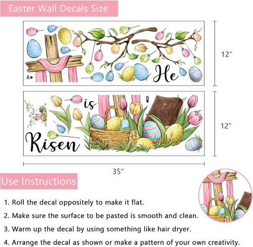 Miniatura 2 de Yovkky Calcomanías de pared de Pascua, con frase "He is resucitado", cruz cristiana, decoración de dormitorio, huevos de Cristo religioso, tulipán