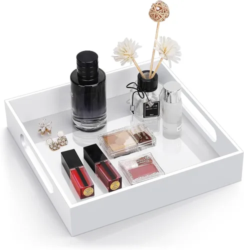 Miniatura 9 de Bandeja decorativa para mesa auxiliar para el hogar, 10 x 10 pulgadas, elegantes bandejas de acrílico con asas, funciona para comer, desayuno, Negro