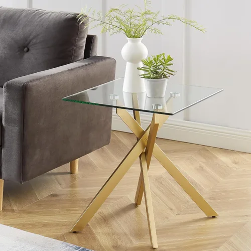 Miniatura 8 de Edwin's Choice - Mesa auxiliar cuadrada de cristal negro con tapa de cristal templado gris y patas tubulares de metal negro con borde dorado 50,8 cm