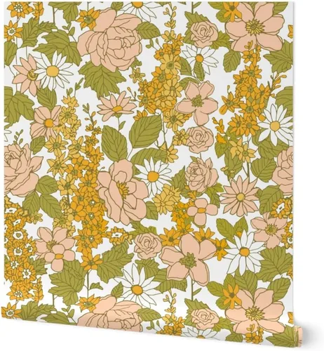 Papel tapiz autoadhesivo para despegar y pegar, papel tapiz vintage de los años 70 con diseño floral retro bohemio, rosa y verde, papel tapiz