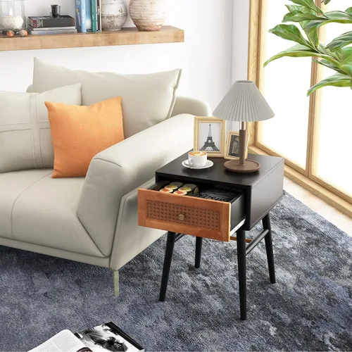 Miniatura 2 de Giantex Mesita de noche de ratán, mesa auxiliar bohemia con cajón de almacenamiento decorado de ratán y patas de madera maciza, mesita de noche