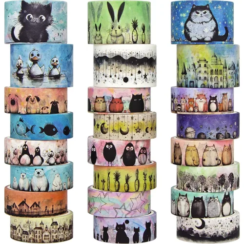 Lindo juego de cinta washi – 24 rollos de cinta washi decorativa de animales Kawaii para suministros de álbumes de recortes, suministros de diario