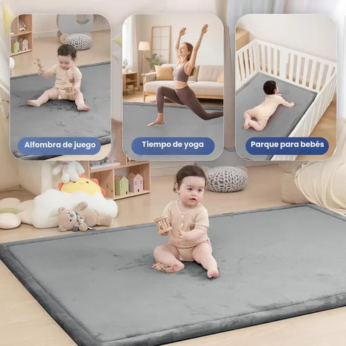 Miniatura 5 de Huloo Sleep - Tapete de juego para bebé, tapete de espuma viscoelástica de 1.3 pulgadas de grosor, terciopelo coral suave, antideslizante, Gris