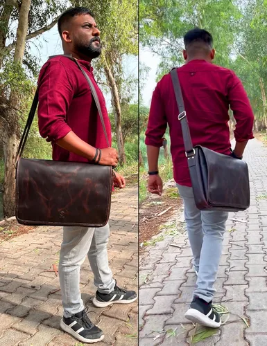 Miniatura 8 de Bolso de mensajero de cuero para hombre, 16 pulgadas, de grano completo, para laptop, vintage, cruzado, oficina, bolso de viaje Marrón oscuro