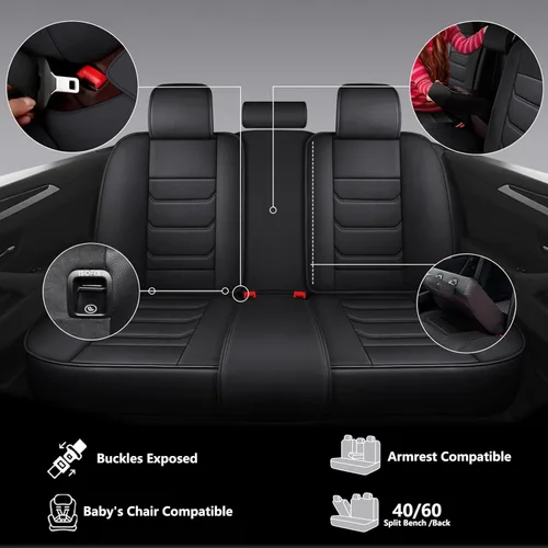 Miniatura 5 de Juego completo de fundas de asiento de automóvil de piel sintética de cobertura completa, fundas de asiento para automóviles, SUV, camionetas Negro