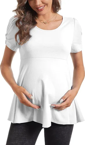 Miniatura 4 de Camisetas de maternidad para mujer, manga corta abombada, cuello redondo, ropa casual de embarazo