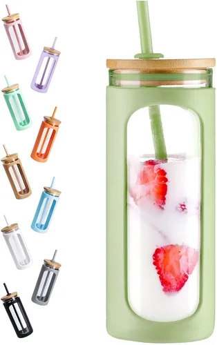 Miniatura 34 de Kodrine Vaso para agua de vidrio de 20 onzas con popote y tapa, botella de agua con tapas de bambú, taza para café helado, reutilizable, boca ancha