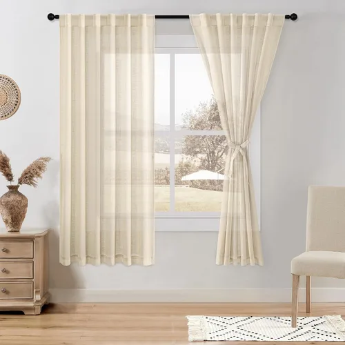 Miniatura 49 de DWCN Cortinas traslúcidas de lino floral, bolsillo para barra y pestaña trasera, cortina de mezcla de lino para dormitorio, sala de estar, cortinas
