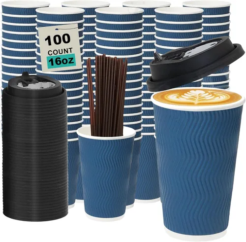 Miniatura 53 de Paquete de 100 tazas de café desechables de pared ondulada corrugada de 16 onzas con tapas y pajitas, tazas aisladas resistentes para bebidas