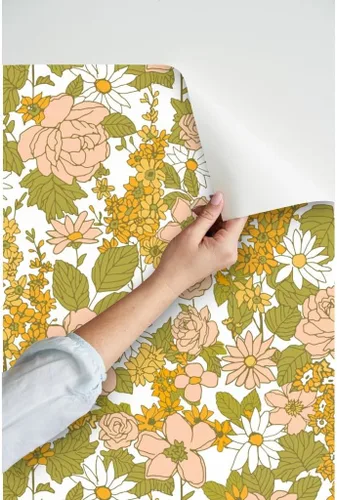 Miniatura 3 de Papel tapiz autoadhesivo para despegar y pegar, papel tapiz vintage de los años 70 con diseño floral retro bohemio, rosa y verde, papel tapiz