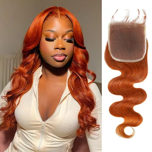 ALHER 350 Ginger Orange Body Wave 4x4 Lace Closure, 12A Copper Orange Colored 4X4 HD Lace Closure Free Part Pre Plucked with Baby Hair, 100% Virgin