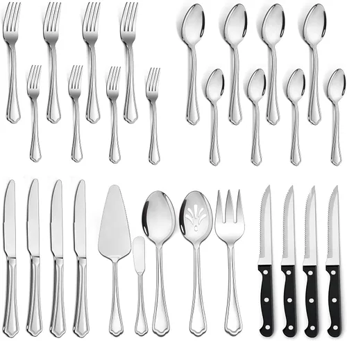 LIANYU Juego de cubiertos de 29 piezas para 4, cuchillos de carne y utensilios de servir, juego de cubiertos de acero inoxidable, utensilios de