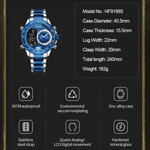 Miniatura 6 de NAVIFORCE Reloj para hombre reloj de cuarzo digital de doble pantalla multifuncional de acero inoxidable
