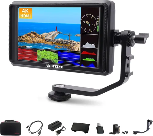 ANDYCINE Monitor de campo HDMI A6 V2 de 6 pulgadas 1920 x 1080 con brazo de inclinación HDMI de entrada y salida 4k, salida de potencia, batería y