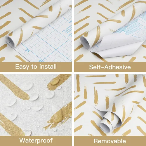 Miniatura 2 de Papel tapiz moderno de rayas para despegar y pegar, 16.1 x 78.7 pulgadas, papel tapiz geométrico beige y dorado, papel de contacto con rayas