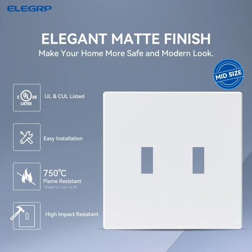 Miniatura 2 de ELEGRP Placas de pared de palanca de 2 segmentos sin tornillos, cubierta de placa frontal termoplástica irrompible de tamaño mediano para Blanco mate