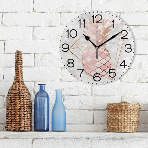 Miniatura 3 de ALAZA Reloj de pared de piña en oro rosa sobre mármol rosa y blanco, funciona con pilas, sin tictac, silencioso, cuarzo analógico, rústico