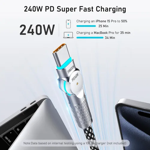Miniatura 3 de Cable USB C de 3.3 pies, 240 W, trenzado, giratorio de 180°, USB C a USB C, cable USB 2.0, tipo C, cable de carga para iPhone 16/16Pro/16Plus/16Pro
